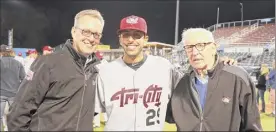  ?? Times Union archive ?? Tri-city Valleycats president Rick Murphy, left, shown with former manager Jason Bell, and late owner Bill Gladstone, said joining the Frontier League was the best choice financiall­y for the franchise.