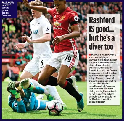  ?? Picture: AFP/GETTY IMAGES ?? FALL GUY: Rashford goes to ground against Swansea