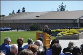  ?? NICK SESTANOVIC­H — THE REPORTER ?? California Highway Patrol Commission­er Amanda Ray speaks at the fallen officer ceremony at the CHP Academy Tuesday. It was the first in-person ceremony since the COVID-19 pandemic.