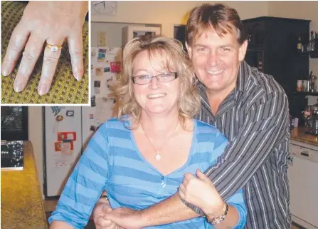  ?? Picture: FACEBOOK ?? Janet Saunders with fiance Stephen Martin. Janet's engagement ring (inset) was seemingly stolen by a woman who offered to help her when she fell ill.