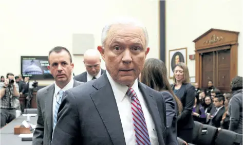  ?? ALEX WONG/ GETTY IMAGES ?? U. S. Attorney General Jeff Sessions leaves for a short break during a hearing before the House Judiciary Committee on Tuesday in Washington, D. C.