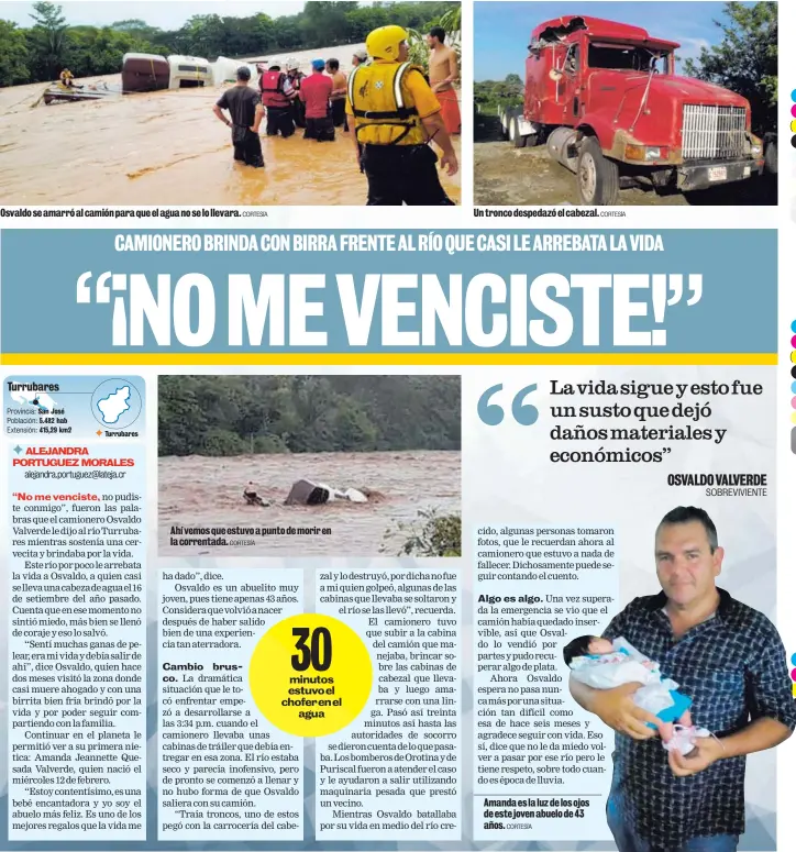  ?? CORTESÍA CORTESÍA CORTESÍA CORTESÍA ?? Osvaldo se amarró al camión para que el agua no se lo llevara. Ahí vemos que estuvo a punto de morir en la correntada. Un tronco despedazó el cabezal. Amanda es la luz de los ojos de este joven abuelo de 43 años.