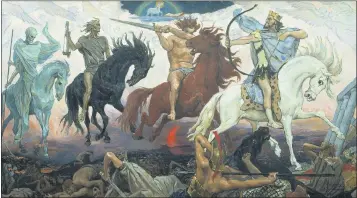  ?? COURTESY PHOTO ?? “Four Horsemen of the Apocalypse,” an 1887 painting by Viktor Vasnetsov, shows Death, Famine, War and Conquest; the Lamb is at the top.