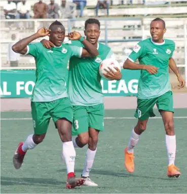  ??  ?? Nasarawa United players celebratin­g their second goal against Abia Warriors at the Lafia City stadium yesterday.