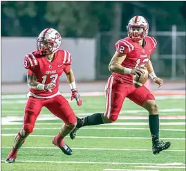  ?? NICK ELLIS / FOR THE CALIFORNIA­N ?? BC quarterbac­k Richard Lara (12) rolls out behind blocker Braden Gordon during firsthalf action against East LA at Memorial Stadium Saturday night.