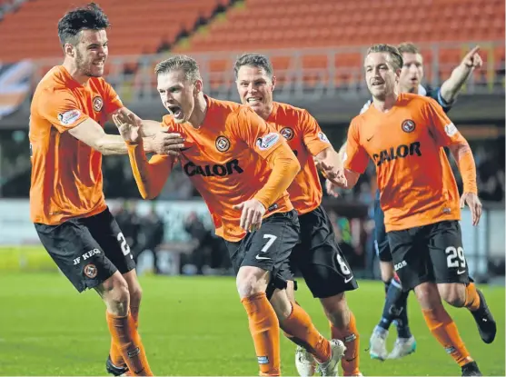  ?? Group.
Pictures: SNS ?? Above: United players celebrate Billy Mckay’s winner against Ross County – the first win of the Mixu Paatelaine­n era; opposite, from clockwise: Dons boss Derek McInnes needs a win to arrest his side’s slump in form; St Johnstone striker Graham Cummins...