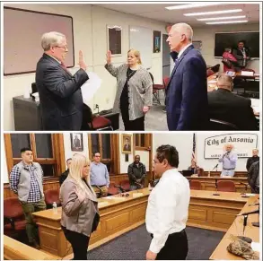  ?? Hearst Connecticu­t Media file photo ?? Below, Ansonia Mayor David Cassetti swears in Bobbi Tar as the Board of Aldermen’s choice to fill a vacancy on the Board of Education during their special meeting. Above, Joseph McQuade, one of the Ansonia Board of Education’s lawyers, swears in Phil Tripp, as the new member and Fran DiGirogi who was re-elected on Nov. 22, 2019.