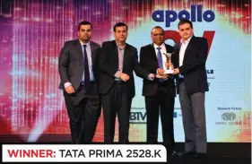  ??  ?? WINNER: TATA PRIMA 2528.K (L to R) Ashish Bhatia, Senior Correspond­ent, Commercial Vehicle magazine, Chandan Sawhney, Head – Electronic, Commercial Vehicles, Tata Motors, Sunil Agarwal, General Manager – Vehicle Integratio­n M&HCV, Tata Motors and...