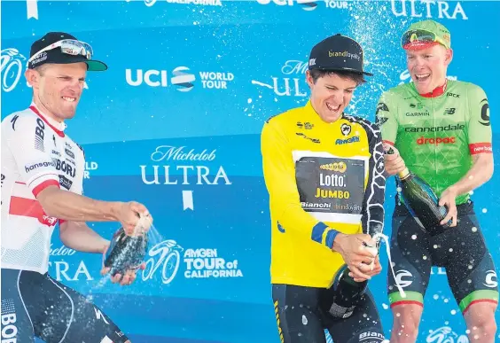  ?? Picture / AP ?? George Bennett celebrates his Tour of California title on the podium with Poland’s Rafal Majka (left) and American Andrew Talansky (right).