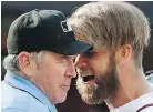  ?? — THE ASSOCIATED PRESS ?? Home plate umpire Mike Winters gets an earful from the Nationals’ Bryce Harper Saturday.