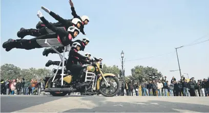  ?? Picture: AFP ?? The Indian Central Reserve Police Force women bikers’ group, called Yashawini, perform a stunt yesterday during rehearsal in New Delhi for the Republic Day parade on 26 January.