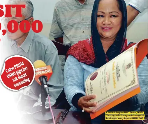  ??  ?? KETUA Bahagian USNO Tenom, Norlia Yuntong pada sidang media mengenai kehilangan wang deposit RM870,000. CalonPRU14 USNOgigitj­ari takdapat
bertanding