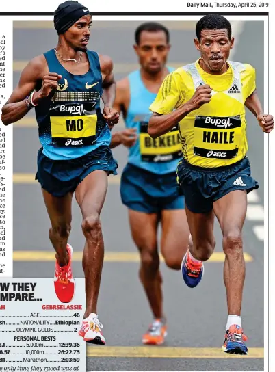  ?? GETTY IMAGES ?? Old rivals: Farah (left) and Gebrselass­ie (right) at the 2013 Great North Run won by Kenenisa Bekele (centre)