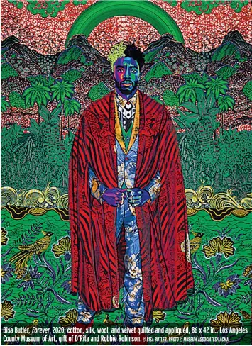  ?? © BISA BUTLER, PHOTO © MUSEUM ASSOCIATES/LACMA ?? Bisa Butler, Forever, 2020, cotton, silk, wool, and velvet quilted and appliquéd, 86 x 42 in., Los Angeles County Museum of Art, gift of D’Rita and Robbie Robinson.