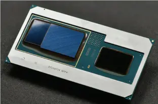  ??  ?? Intel’s Kaby Lake G crams a quad-core Core i7 or Core i5 alongside a custom Radeon RX Vega M chip and 4GB of HBM2 RAM. It’s a tremendous space savings.