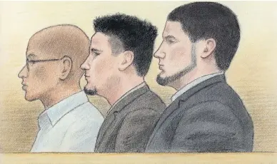  ?? SKETCH BY LAURIE FOSTER-MACLEOD ?? Terror plotters Suliman Mohamed, and Ashton and Carlos Larmond, as they appeared in court in Ottawa on Friday. Mohamed and Carlos Larmond were sentenced to seven years in custody, while Ashton Larmond received 17 years.