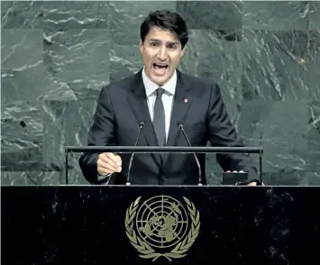  ?? RICHARD DREW/THE ASSOCIATED PRESS ?? Prime Minister Justin Trudeau addresses the United Nations General Assembly, at UN headquarte­rs on Thursday.