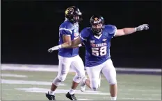  ?? TIM PHILLIS — FOR THE NEWS-HERALD ?? Frank Soukup (Riverside) celebrates a late sack during the Blue team’s 23-18win in the ninth annual News-Herald Senior Bowl, presented by Hooley House, in 2019at Mayfield Wildcat Stadium.