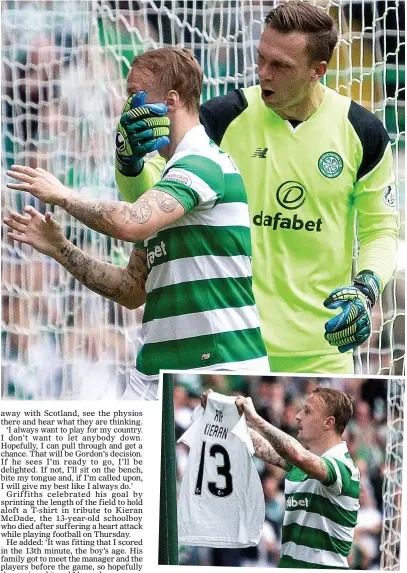  ??  ?? FITTING TRIBUTE: Griffiths pays testimony to 13-year-old Kieran McDade and (top) with Dorus de Vries after his spectacula­r strike against Aberdeen