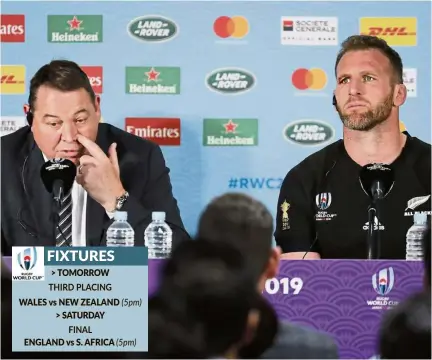  ?? — AP ?? Last game: New Zealand coach Steve Hansen (left) and captain Kieran Read will play their last game for the All Blacks in tomorrow’s third-place playoff against Wales.