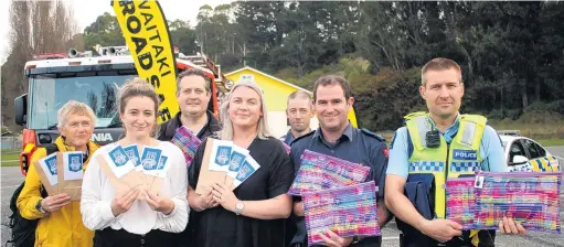  ?? PHOTO: KAYLA HODGE ?? Offering support . . . Celebratin­g the launch of the Waitaki Road Safe Pack are (from left) cycling and walking advocate Hazel Agnew, Waitaki Road Safe president Jo Anderson, Waitaki road safety coordinato­r Jason Evered, group member Jenna Wylie, Waitaki Road Safe member and Oamaru firefighte­r Sarrath Milmine, Fire and Emergency New Zealand volunteer officer Kevin Murdoch and Constable Howard Jackson, of Oamaru road police.