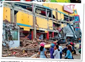  ??  ?? dEVAstAtio­n: Residents sleep outside for fear of aftershock­s. And inset a ruined shopping mall in Palu after the tsunami hit