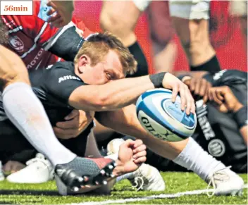  ??  ?? Saracens replacemen­t Nick Tompkins turned the play-off semi-final with a hat-trick in the first 16 minutes of the second half. The centre scored his first with a 40-metre dash barely two minutes after the restart (far left). His second (left) finished off some slick passing from his teammates while his third was a finish from a metre out (right). 56min