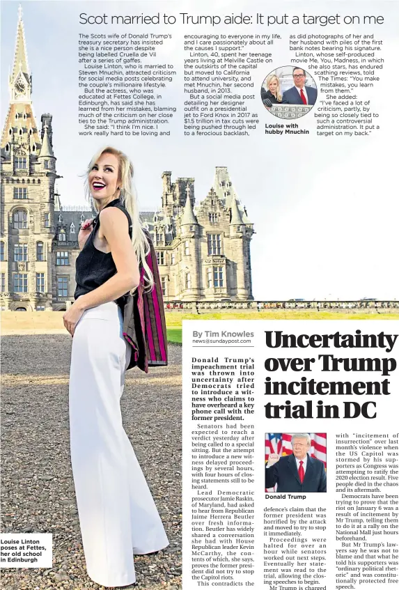  ??  ?? Louise Linton poses at Fettes, her old school in Edinburgh
Louise with hubby Mnuchin