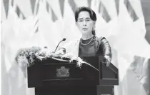  ??  ?? Myanmar’s State Counsellor Aung San Suu Kyi delivers a national address in Naypyidaw on Tuesday.