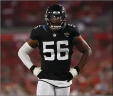  ?? AP PHOTO/ MARK LOMOGLIO ?? In this Thursday, Aug. 30, file photo, Jacksonvil­le Jaguars defensive end Dante Fowler (56) during the first half of an NFL preseason football game against the Tampa Bay Buccaneers in Tampa, Fla.
