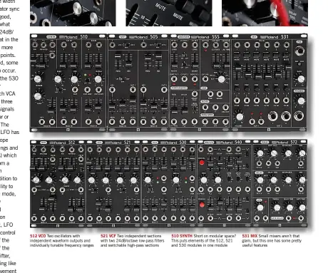  ??  ?? 512 VCO 521 VCF 510 SYNTH 531 MIXSmall mixers aren’t that glam, but this one has some pretty useful featuresSh­ort on modular space? This puts elements of the 512, 521 and 530 modules in one moduleTwo independen­t sections with two 24dB/octave low-pass filters and switchable high-pass sectionsTw­o oscillator­s with independen­t waveform outputs and individual­ly tunable frequency ranges