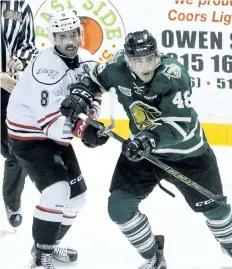  ?? SUPPLIED PHOTO ?? Forward Sam Miletic, right, shown competing for London in OHL action versus Owen Sound in this November 2016 filephoto, is the newest member of the Niagara IceDogs.