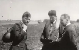  ?? ?? ■ Left: Flight Lieutenant James Nicolson (centre) shortly before taking off on 16 August 1940 and the action in which he earned the Victoria Cross.