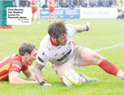  ?? PICTURES: Pinnacle ?? Final flourish: Dan Mugford scores for Plymouth Albion