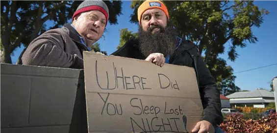  ?? PHOTO: KEVIN FARMER ?? BETTER TOGETHER: St Vincent de Paul diocesan president John Elich (left) and The Base Services’ Nat Spary trade beanies to support each organisati­on’s sleepout, saying they both raise awareness of the issue of homelessne­ss in Toowoomba.