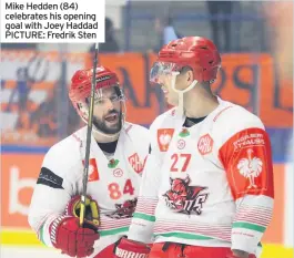  ??  ?? Mike Hedden (84) celebrates his opening goal with Joey Haddad PICTURE: Fredrik Sten