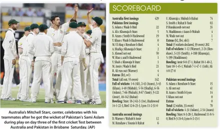  ??  ?? Australia’s Mitchell Starc, center, celebrates with his teammates after he got the wicket of Pakistan's Sami Aslam during play on day three of the first cricket Test between Australia and Pakistan in Brisbane Saturday. (AP)