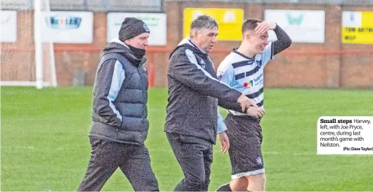  ?? (Pic: Dave Taylor) ?? Small steps Harvey, left, with Joe Pryce, centre, during last month’s game with Neilston.