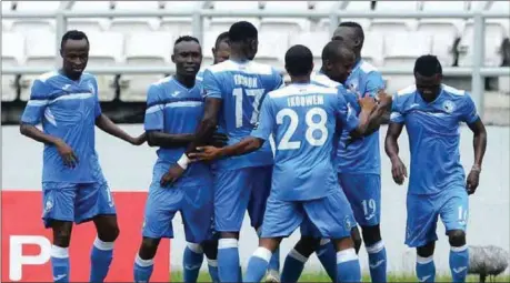  ??  ?? Enyimba players battled Rayon Sports to a goalless draw in Kigali, Rwanda… yesterday. A win at home in Aba on Sunday will see the People’s Elephant qualify for the semi final of the CAF Confederat­ion Cup