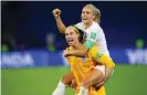  ??  ?? Karen Bardsley enjoys England’s World Cup quarter-final win against Norway in 2019 with Steph Houghton but soon discovered she had suffered a serious hamstring injury. Photograph: Craig Mercer/MB Media/Getty Images