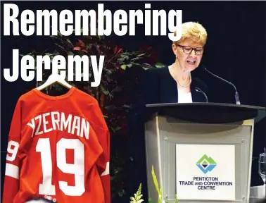  ?? JOE FRIES/Penticton Herald ?? Former Summerland mayor Janice Perrino hosted Jeremy McGoran’s memorial service Monday at the Penticton Trade and Convention Centre. McGoran died on June 9.