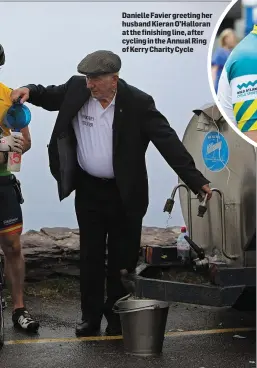  ??  ?? Danielle Favier greeting her husband Kieran O’Halloran at the finishing line, after cycling in the Annual Ring of Kerry Charity Cycle ore, supplies cyclists and volunteers with water from his own spring for the Michael Fitzgibbon­s bottles at...