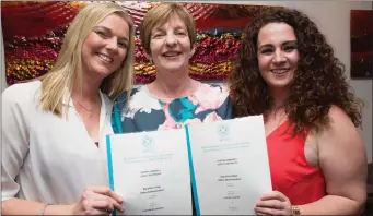  ??  ?? Sharon McElligott and Lisa McCarthy who were presented with their Kerry ETB Graduation­s Certificat­es in Medical Administra­tion pictured with their friend Trish Dempsey.