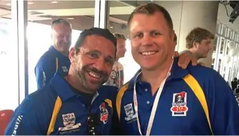  ??  ?? REUNITED: Newcastle Knights premiershi­p players Robbie O'Davis and Darren Albert at their 1997 grand final reunion at the weekend. PHOTO: CONTRIBUTE­D