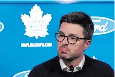  ?? NATHAN DENETTE THE CANADIAN PRESS FILE PHOTO ?? Kyle Dubas speaks to media during an end-of-season availabili­ty in Toronto on May 15. The team said Friday it is “parting ways” with the 37-year-old executive, whose contract was scheduled to expire June 30.