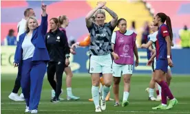  ?? Barcelona. Photograph: David Ramos/Getty Images ?? Emma Hayes (left) and Millie Bright salute the Chelsea fans after the first-leg victory in