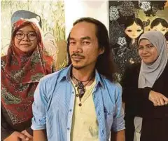  ??  ?? TIGA artis residen Rumah Seni Selangor (dari kiri) Arina, Mat Ramli dan Anasuha. Kebanyakan karya saya bertemakan luahan diri terhadap hubungan sesama manusia, kasih sayang, perasaan sedih dan gembira yang terinspira­si daripada hal seputar kehidupan