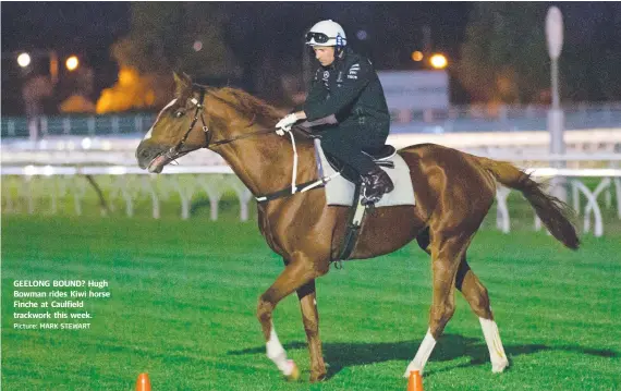  ?? Picture: MARK STEWART ?? GEELONG BOUND? Hugh Bowman rides Kiwi horse Finche at Caulfield trackwork this week.