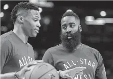  ?? Elsa / Getty Images ?? Reuniting Russell Westbrook, left, and James Harden will work only if the Thunder export understand­s his role with Rockets.