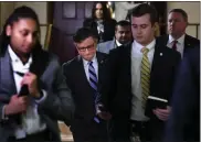  ?? KEVIN DIETSCH — GETTY IMAGES ?? U.S. Speaker of the House Mike Johnson, R-LA., leaves a House Republican caucus meeting at the U.S. Capitol on Tuesday in Washington, D.C. The House failed to impeach Homeland Security Secretary Alejandro Mayorkas by a vote of 214-216.